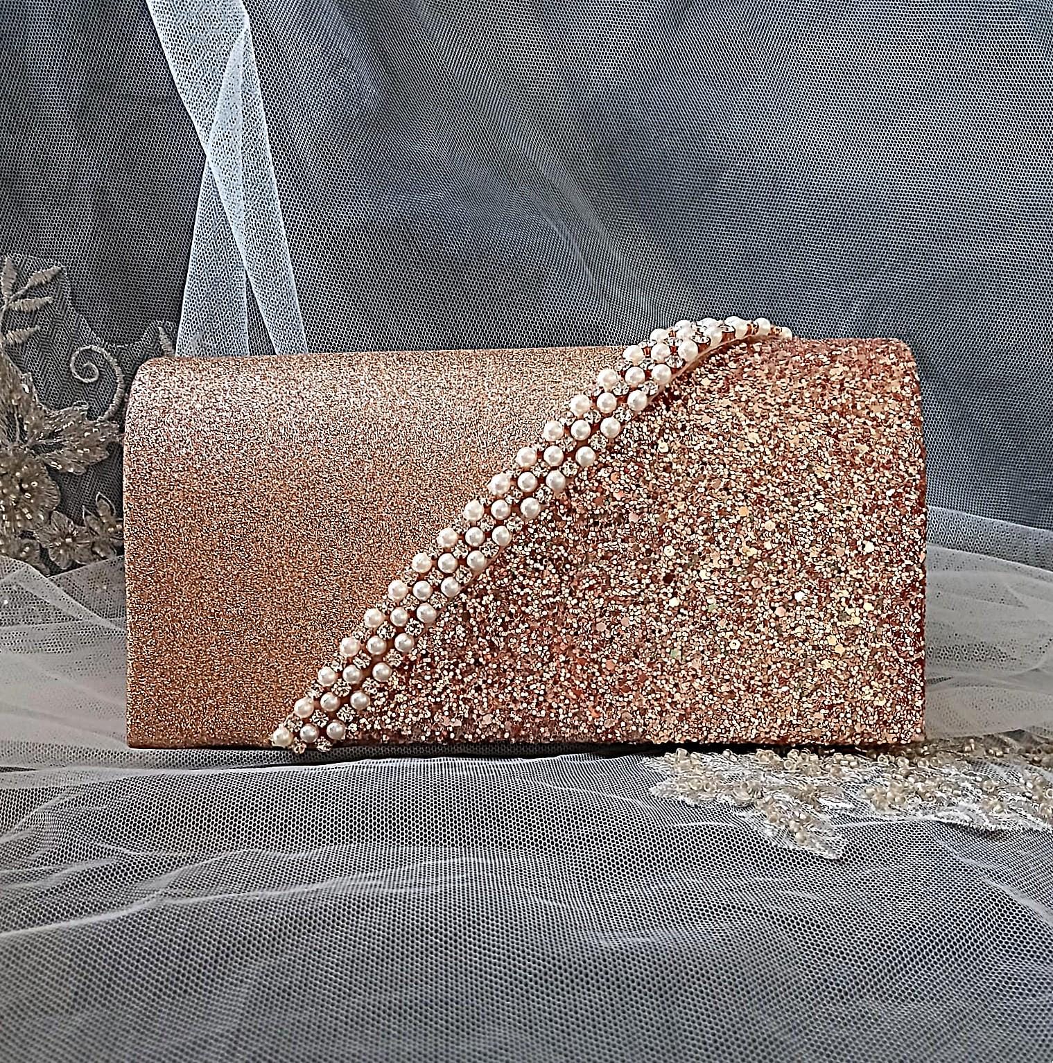 Rose Gold Floral Hat & Glitter Clutch Bag Set: Formal Event Accessories