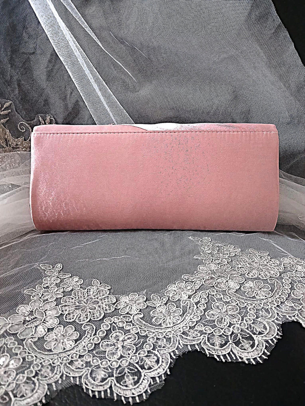 Dusky Pink Satin Clutch Bag: Floral Wedding Handbag with Chain