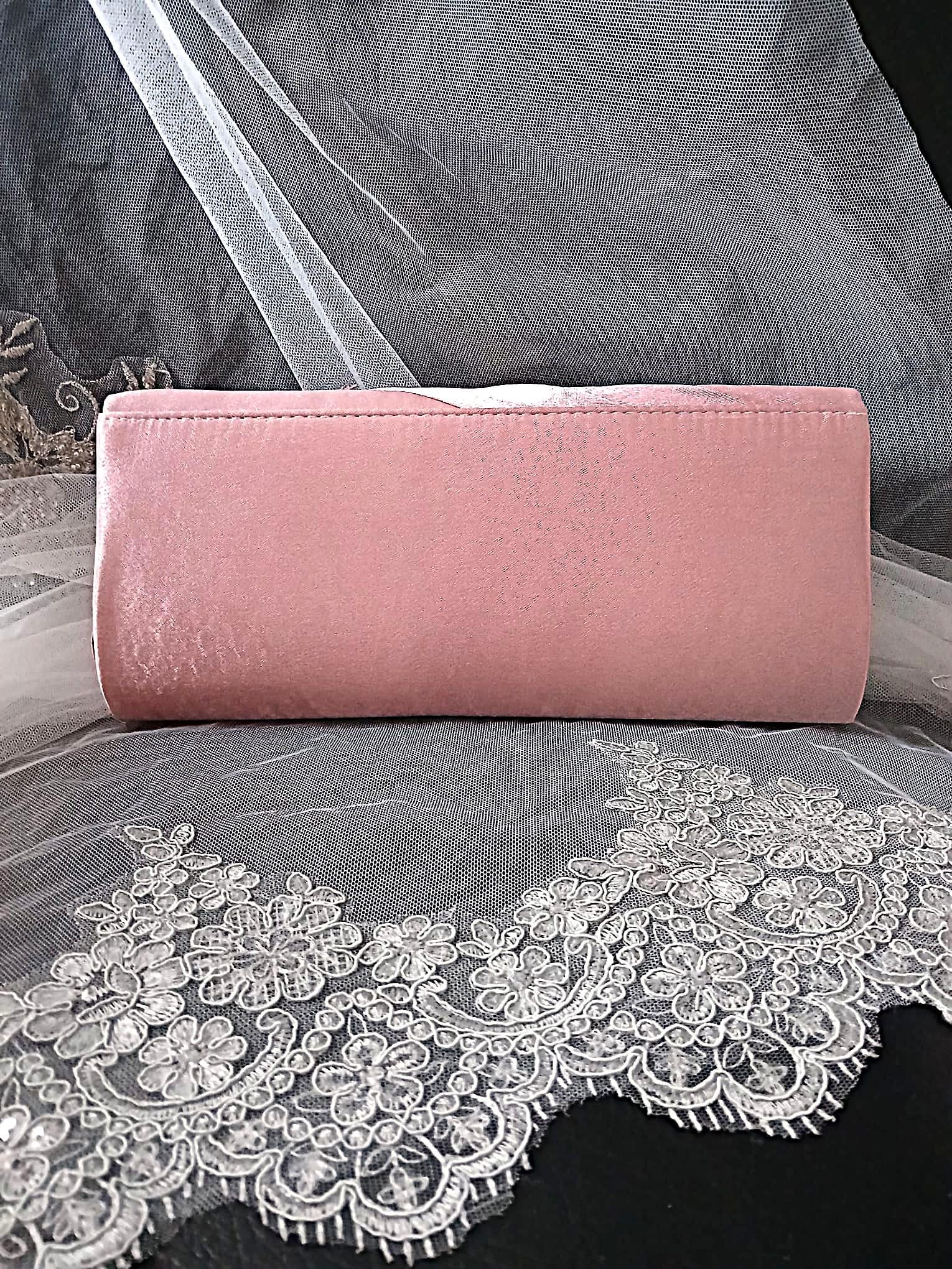 Dusky Pink Satin Clutch Bag: Floral Wedding Handbag with Chain