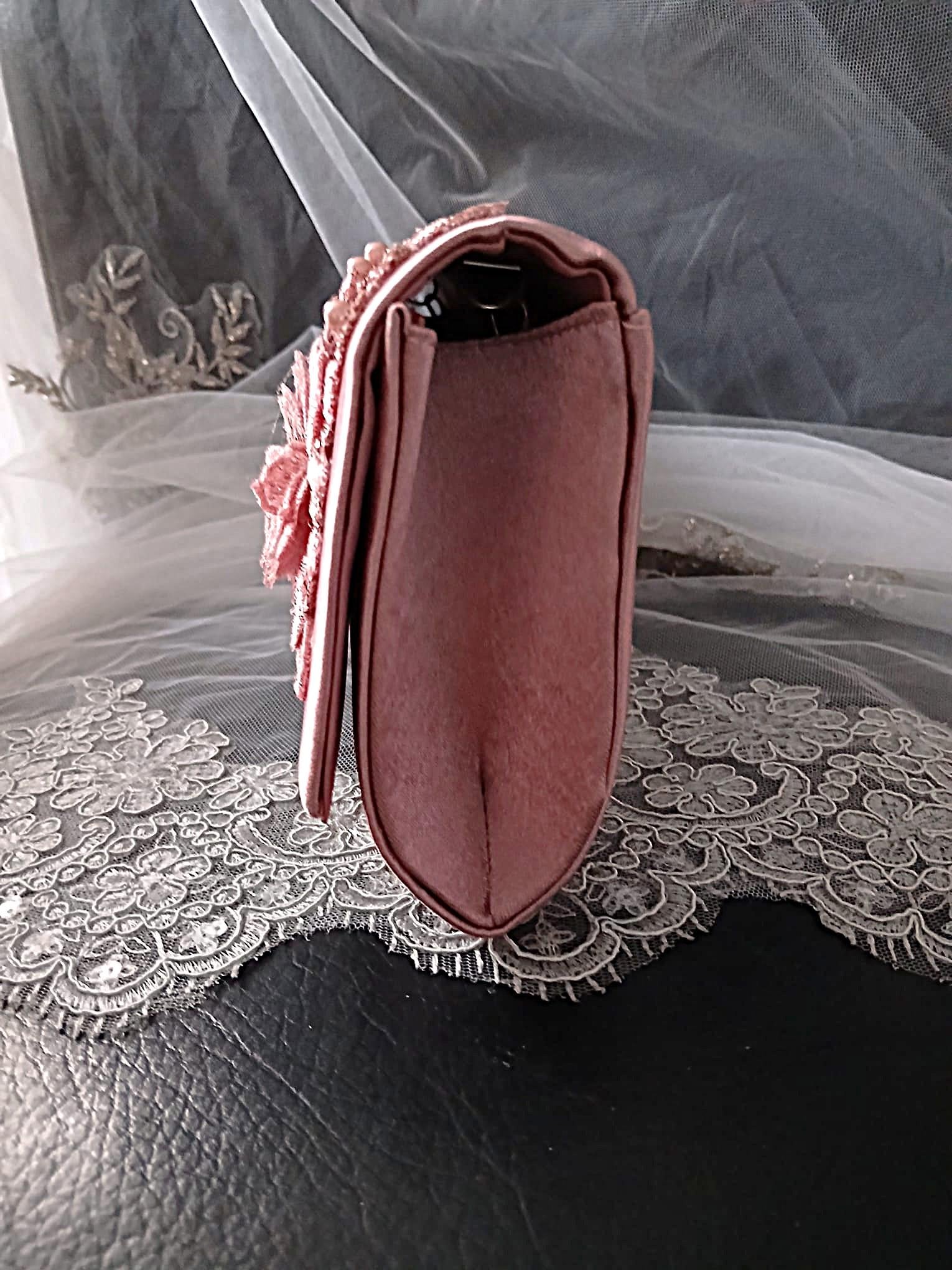 Dusky Pink Satin Clutch Bag: Floral Wedding Handbag with Chain