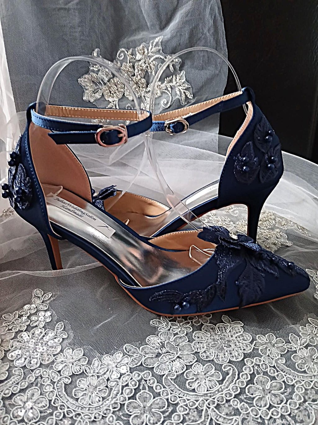 Navy Blue Floral Thin Heel Sandal Hat & Clutch Set: Formal Occasion Footwear