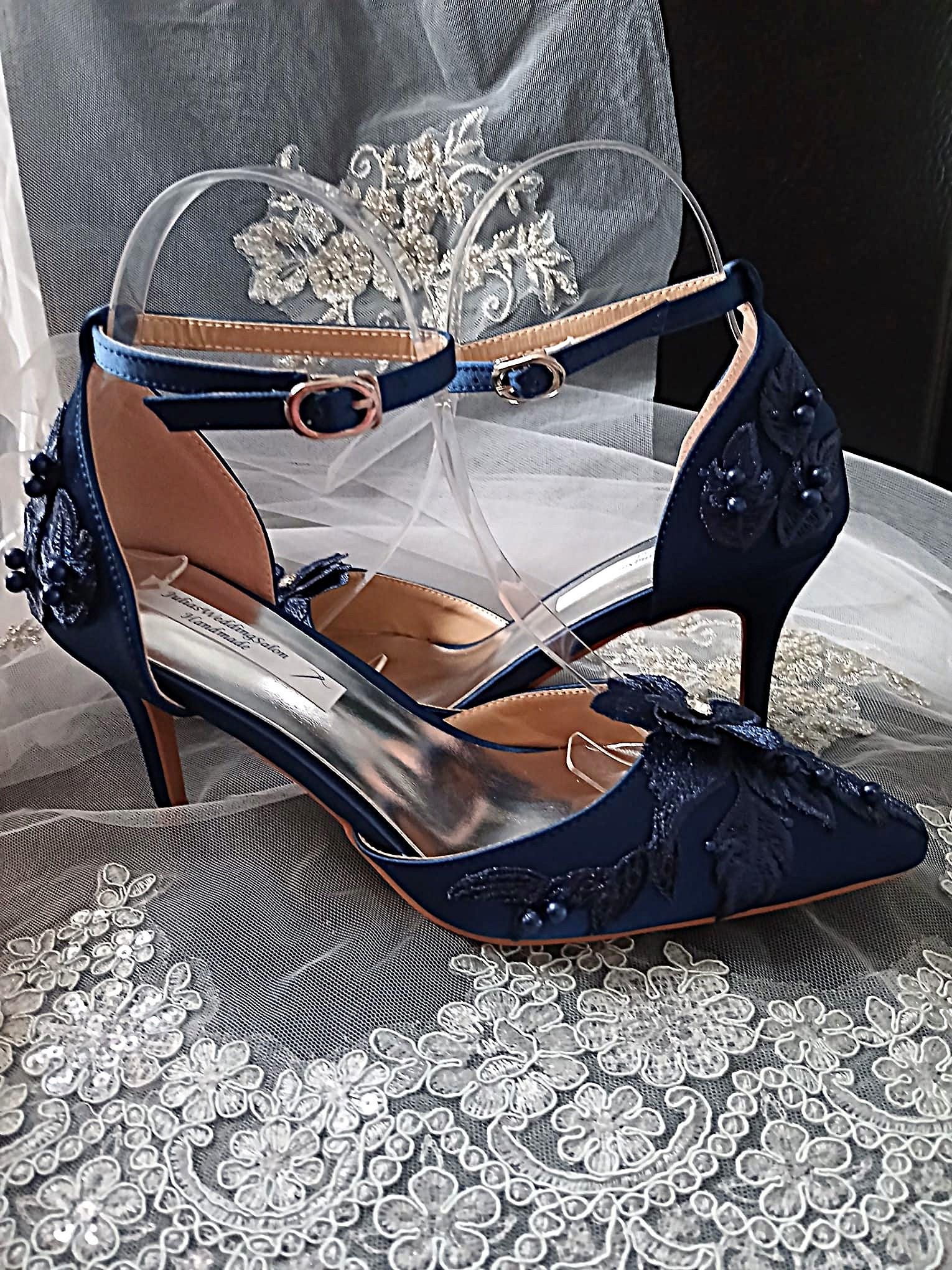 Navy Blue Floral Thin Heel Sandal Hat & Clutch Set: Formal Occasion Footwear