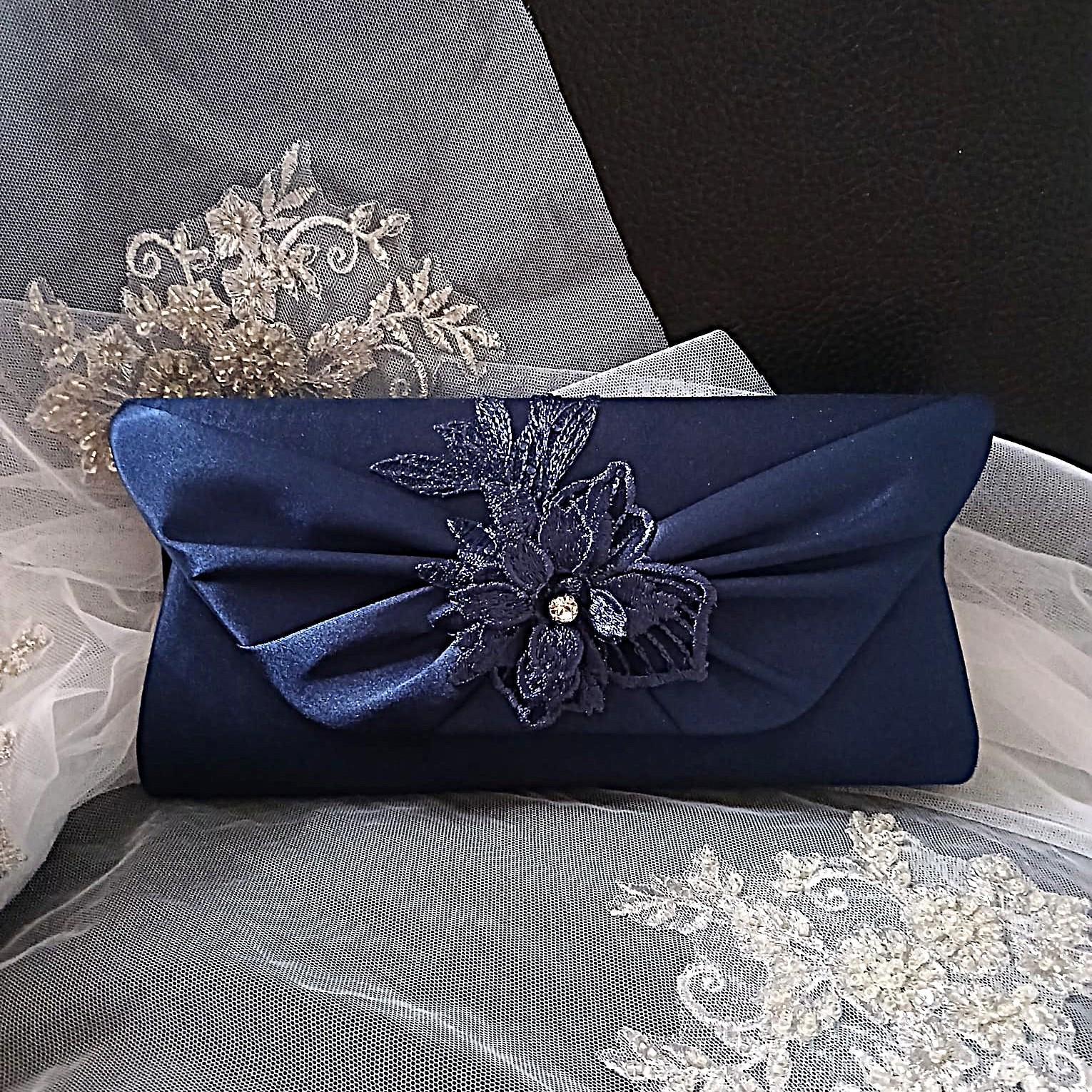 Navy Blue Floral Hat & Satin Clutch Bag Set For Formal Event,Party Accessories