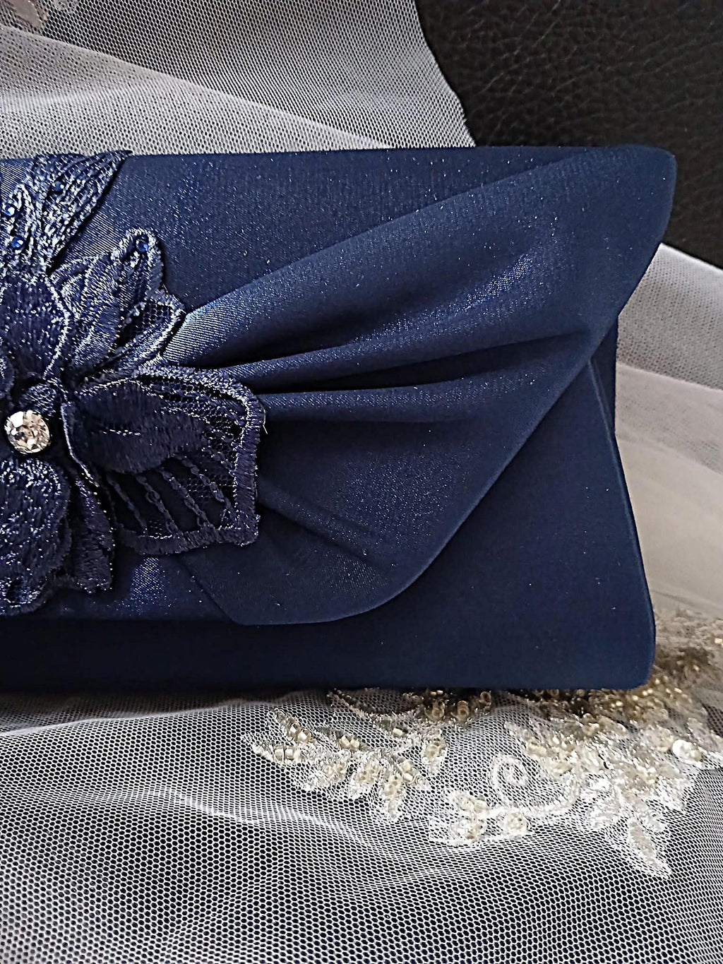 Navy Blue Floral Hat & Satin Clutch Bag Set For Formal Event,Party Accessories