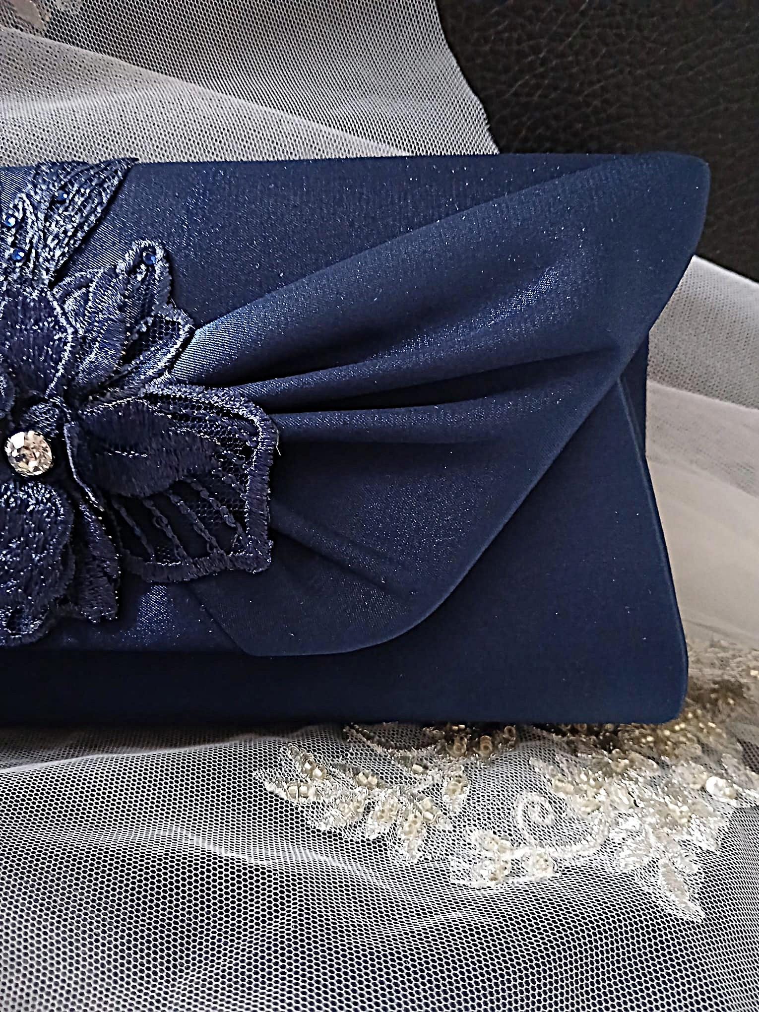 Navy Blue Floral Hat & Satin Clutch Bag Set For Formal Event,Party Accessories