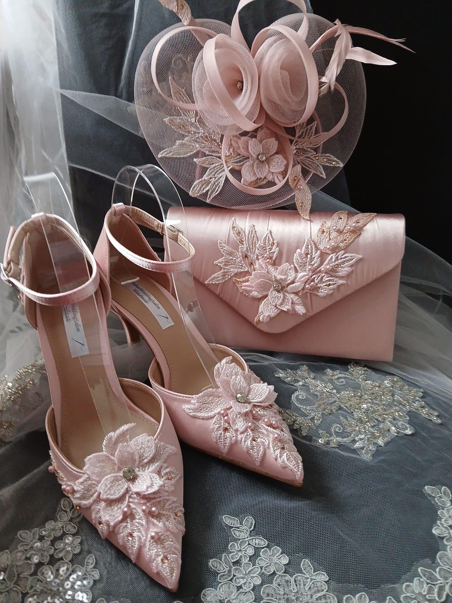 Blush Pink Floral Thin Heel Sandal Hat & Clutch Set: Formal Occasion Footwear