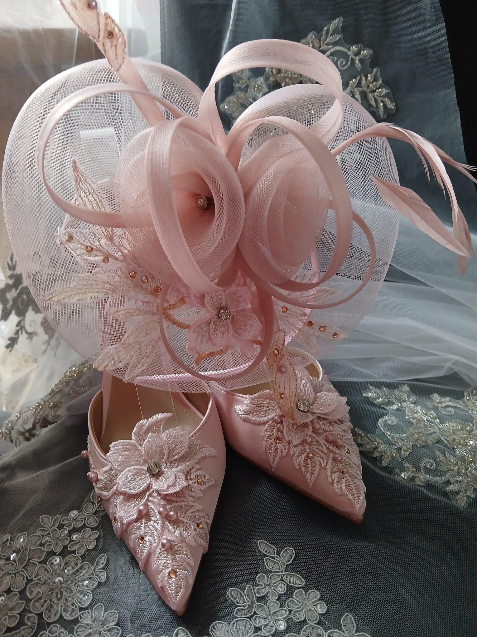 Blush Pink Floral Thin Heel Sandal Hat & Clutch Set: Formal Occasion Footwear