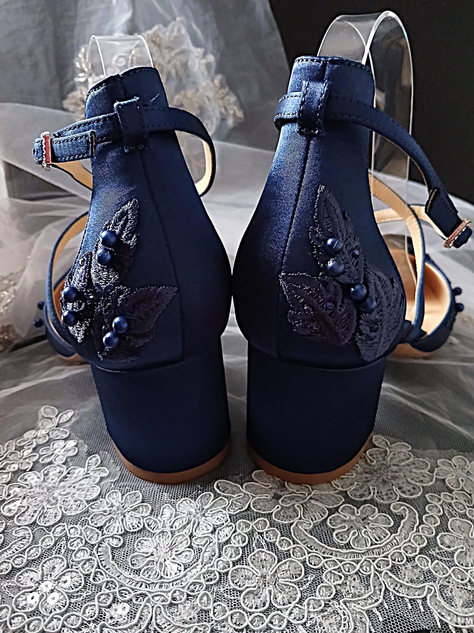 Navy Blue Floral 2 Inches Block Heel Shoe Hat and Clutch Set For Formal Event