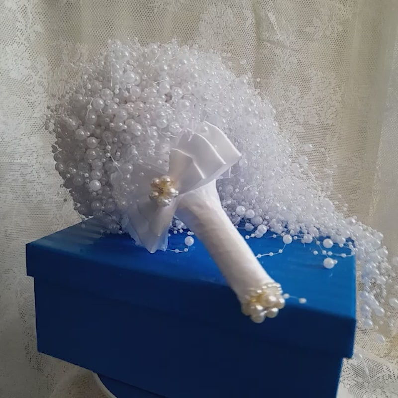 White Pearl Waterfall Bridal Bouquet,Cascading Wedding Keepsake